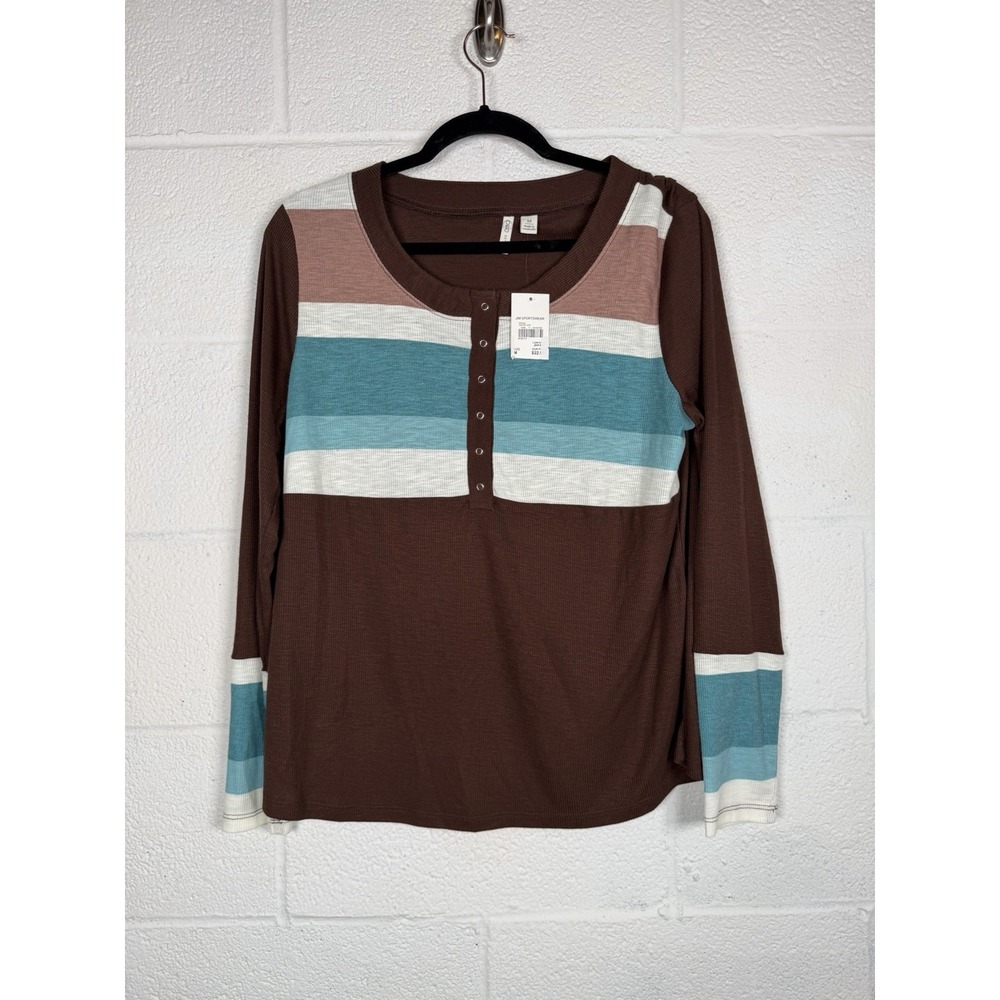 Cato Top Womens M NWT Brown Teal Striped Henley Y2K 90s Deadstock